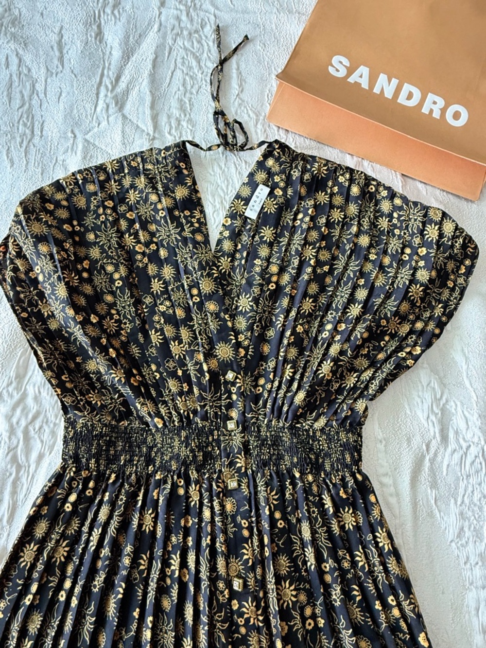 Sandro Black Floral Metallic-Print V-Neck Midi Dress